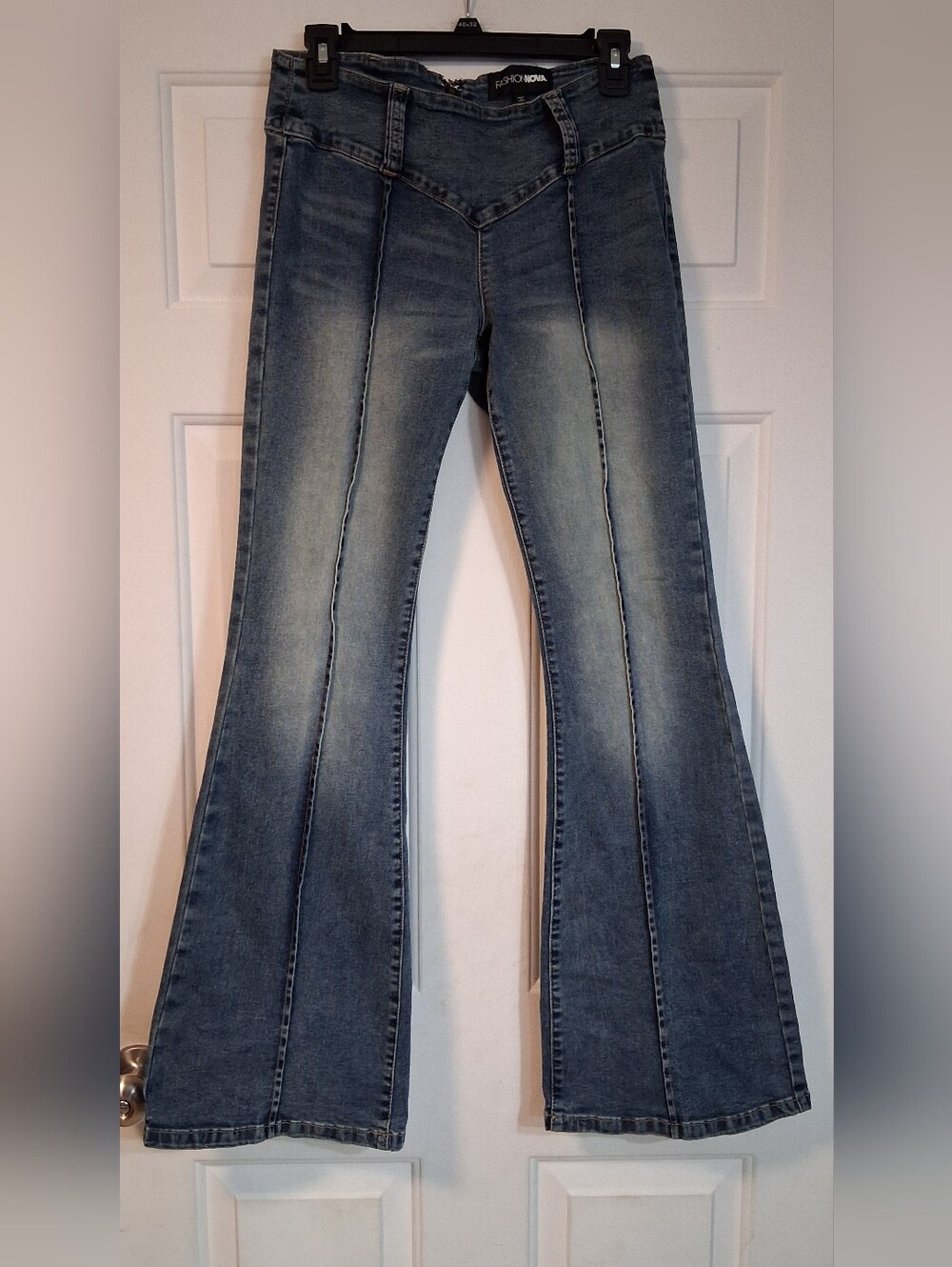 Fashion Nova Light Wash Flare Denim Jeans Front Seams Stylish Relaxed Fit